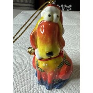 Floppy Dog Christmas Ornament Santa Hat ceramic Red Orange Yellow Fade